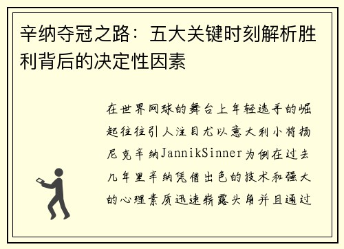 辛纳夺冠之路：五大关键时刻解析胜利背后的决定性因素